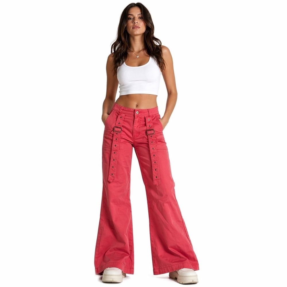 Forever 21 Pants Womens Small Wide Leg Utility Grommet Belt Cargo Pink